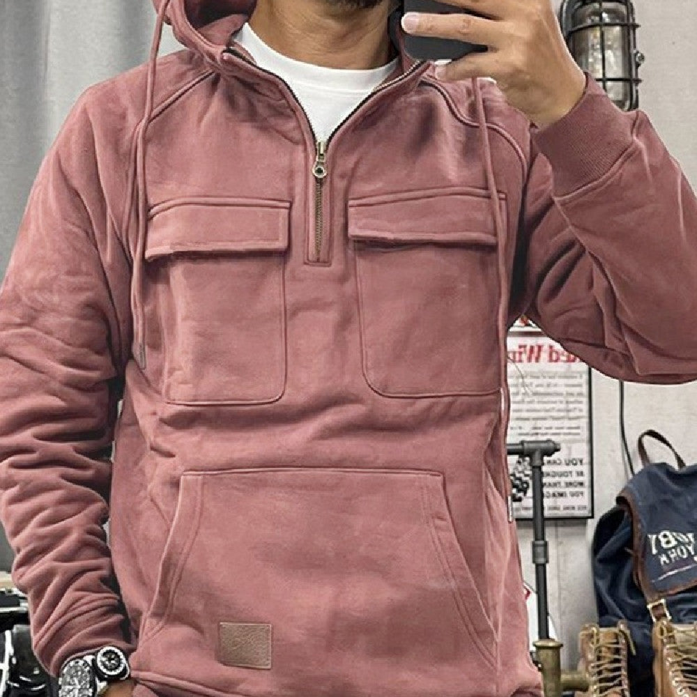 Europese Retro Stijl Sportieve Multi-pocket Sweater met Capuchon en Halve Rits voor Heren