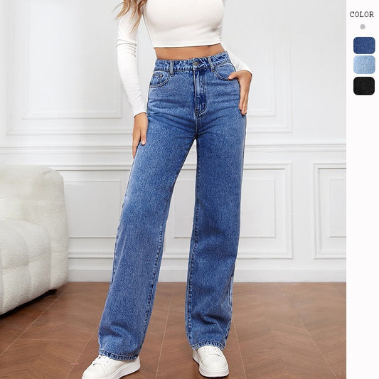 Fashion Washed Mid Waist Straight Jeans met Zakken voor Dames & Plus-size