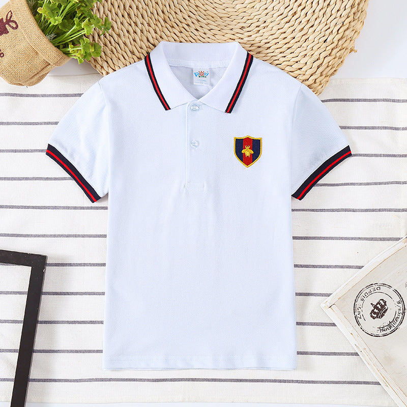 Amerikaanse Modieuze Casual Korte Mouw Gestreepte Poloshirt met Geborduurde Embleem en Kraag voor Kinderen