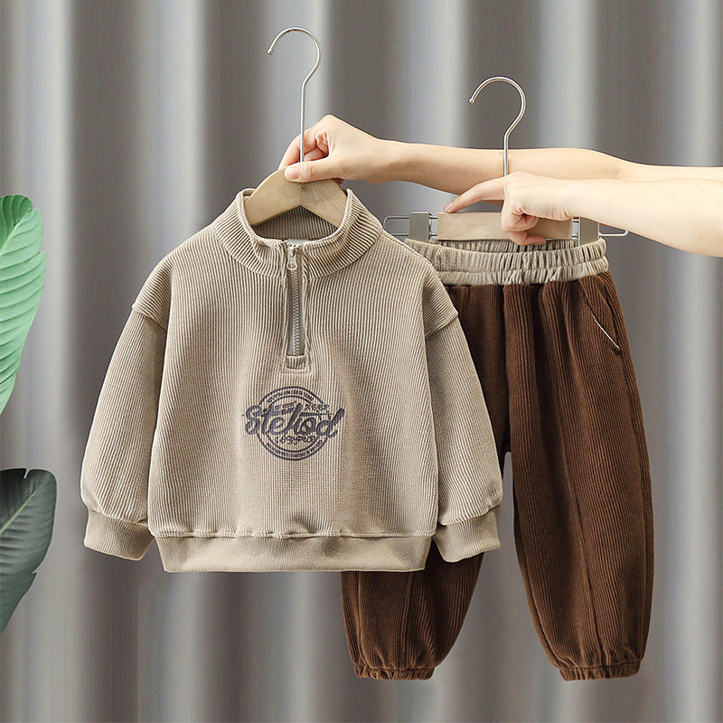 2-delige Kinderpak Sweatshirt met Rits en Letterprint & Broek voor Jongens