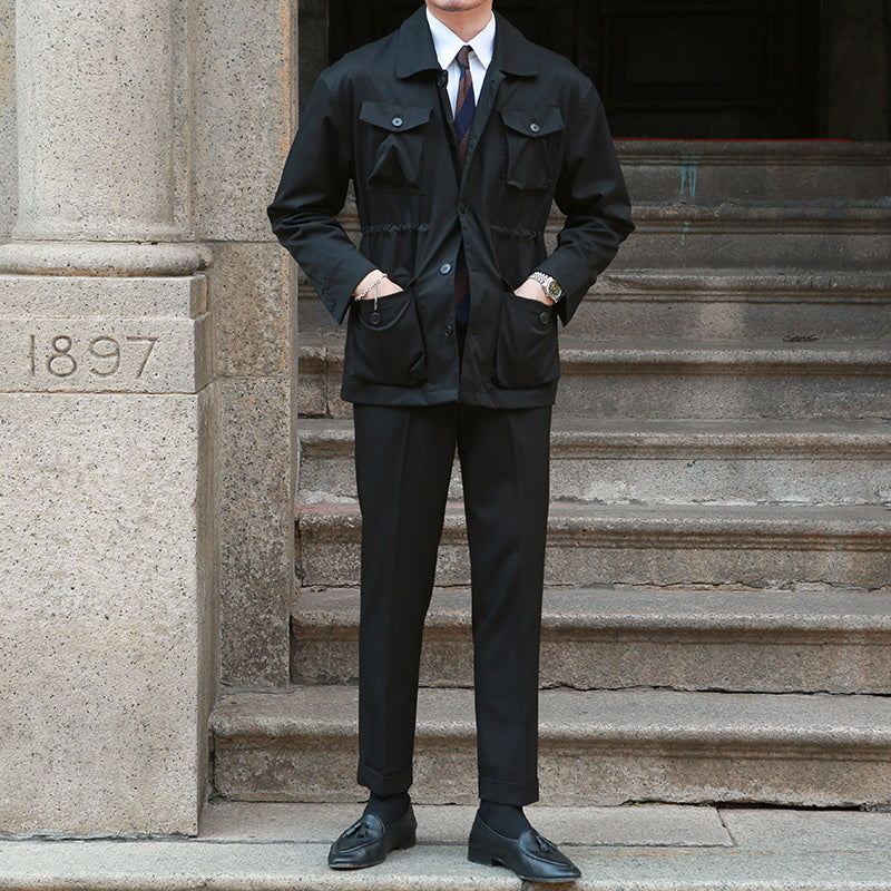 Vintage Business/Casual Getailleerd Jas met Zakken en Trekkoord voor Heren