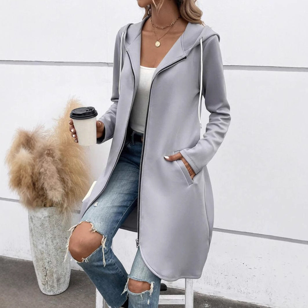 Casual Streetwear Stijlvolle Effen Kleur Fluwelen Capuchon Sweatvest Lang met Ritssluiting en Zakken voor Dames & Plus-size