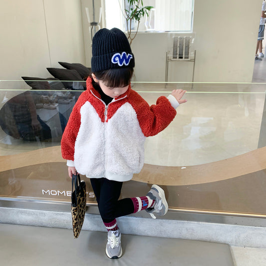 Twee Kleuren Fluwelen Dikke Vest met Rits voor Meisjes