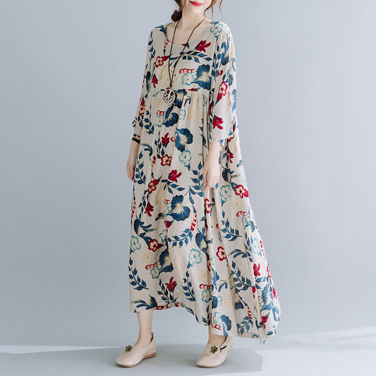 Stijlvolle Vintage Oversized Katoenen Linnen Bloemenprint Maxi-jurk met Korte Mouwen en Ronde Hals voor Dames