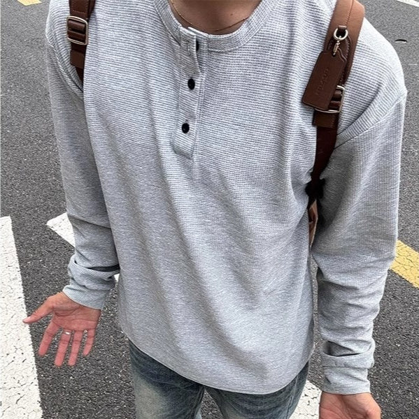 Amerikaanse Modieuze Casual Effen Kleur Henley Long Sleeve Ronde Hals Shirt met Lange Mouwen en Halve Knoopsluiting