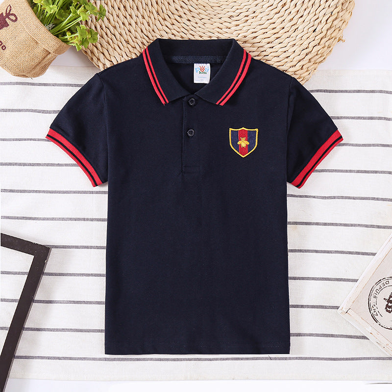 Amerikaanse Modieuze Casual Korte Mouw Gestreepte Poloshirt met Geborduurde Embleem en Kraag voor Kinderen