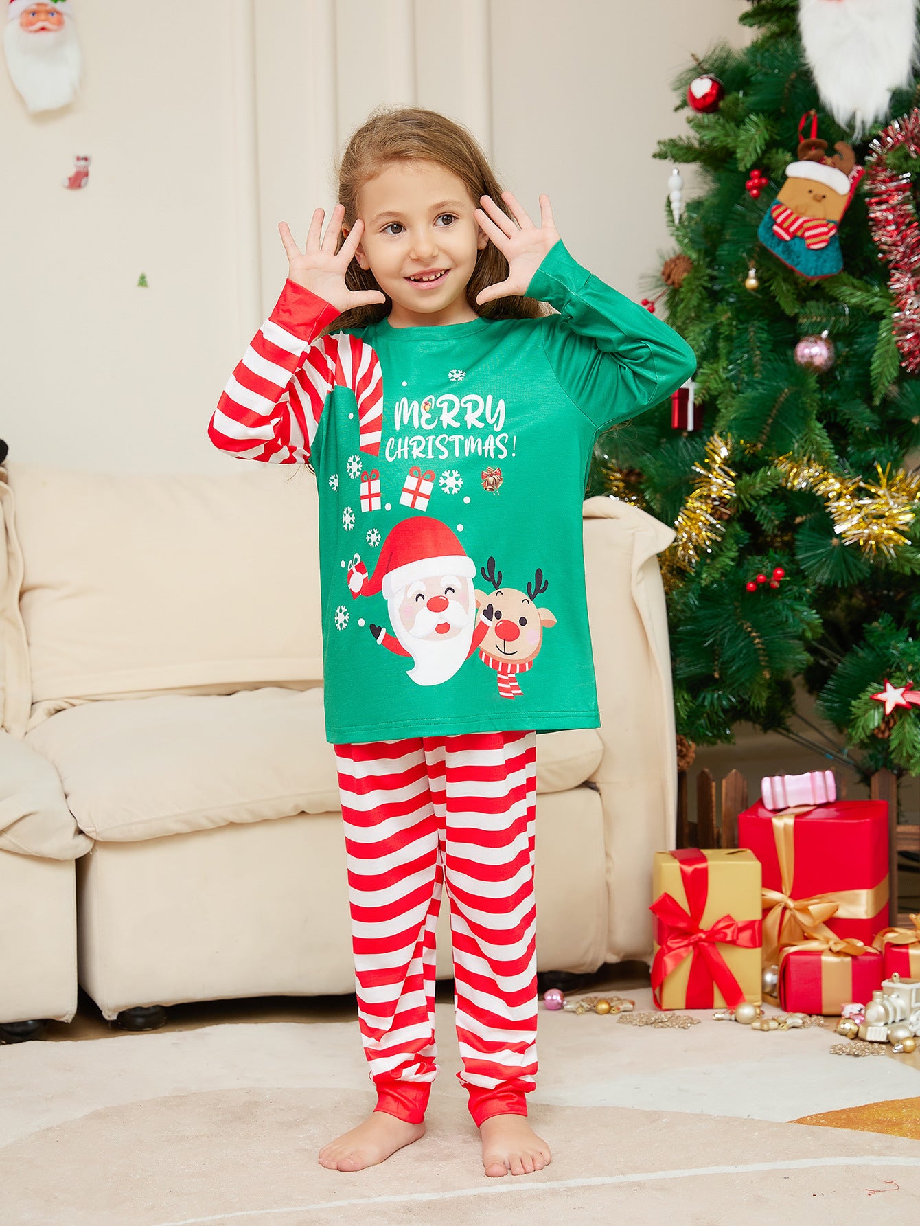 Kerstmis Familie Stijlvolle Casual Matching Gestreepte Kerstpyjama Set met Kerstmisprint voor Gezin & Koppels