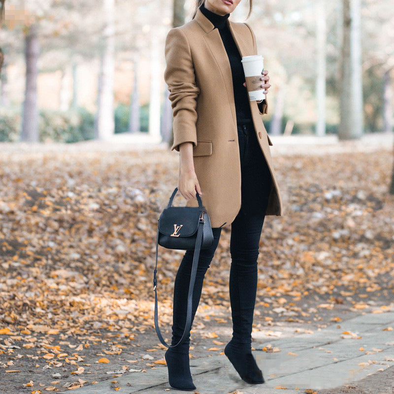 Elegante Casual/Business Slim-fit Wollen Winterse-Mantel met Opstaande Kraag en Knoopsluiting voor Dames & Plus-size