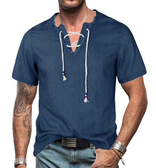 Amerikaanse Stijlvolle Casual Oversized Katoenen Denim V-hals T-shirt met Korte Mouwen en Vetersluiting voor Heren