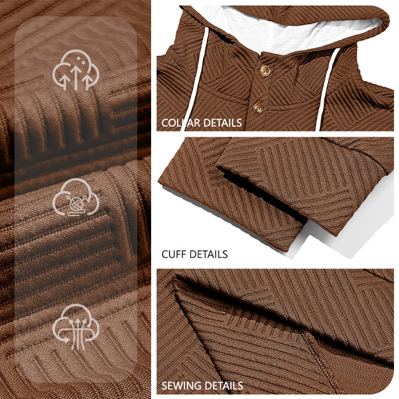 Trendy Effen Jacquard Losse Sport Hoodie Sweater Patched met Knoopsluiting en Trekkoord voor Heren