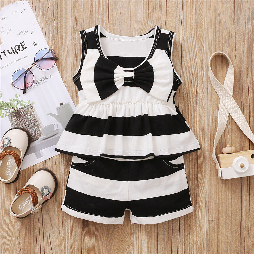 Europese en Amerikaanse Stijl 2-delige Set Gestreepte Tanktop met Strik & Gestreepte Korte Broek voor Baby's/ Peuters