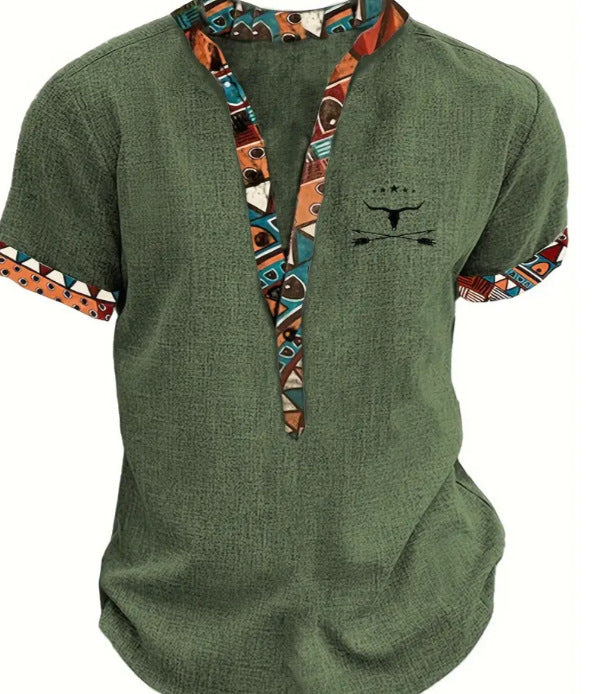 Amerikaanse Casual Effen Kleur 3D-bedrukte Vintage-print V-hals T-shirt met Korte Mouwen en Knoopsluiting voor Heren