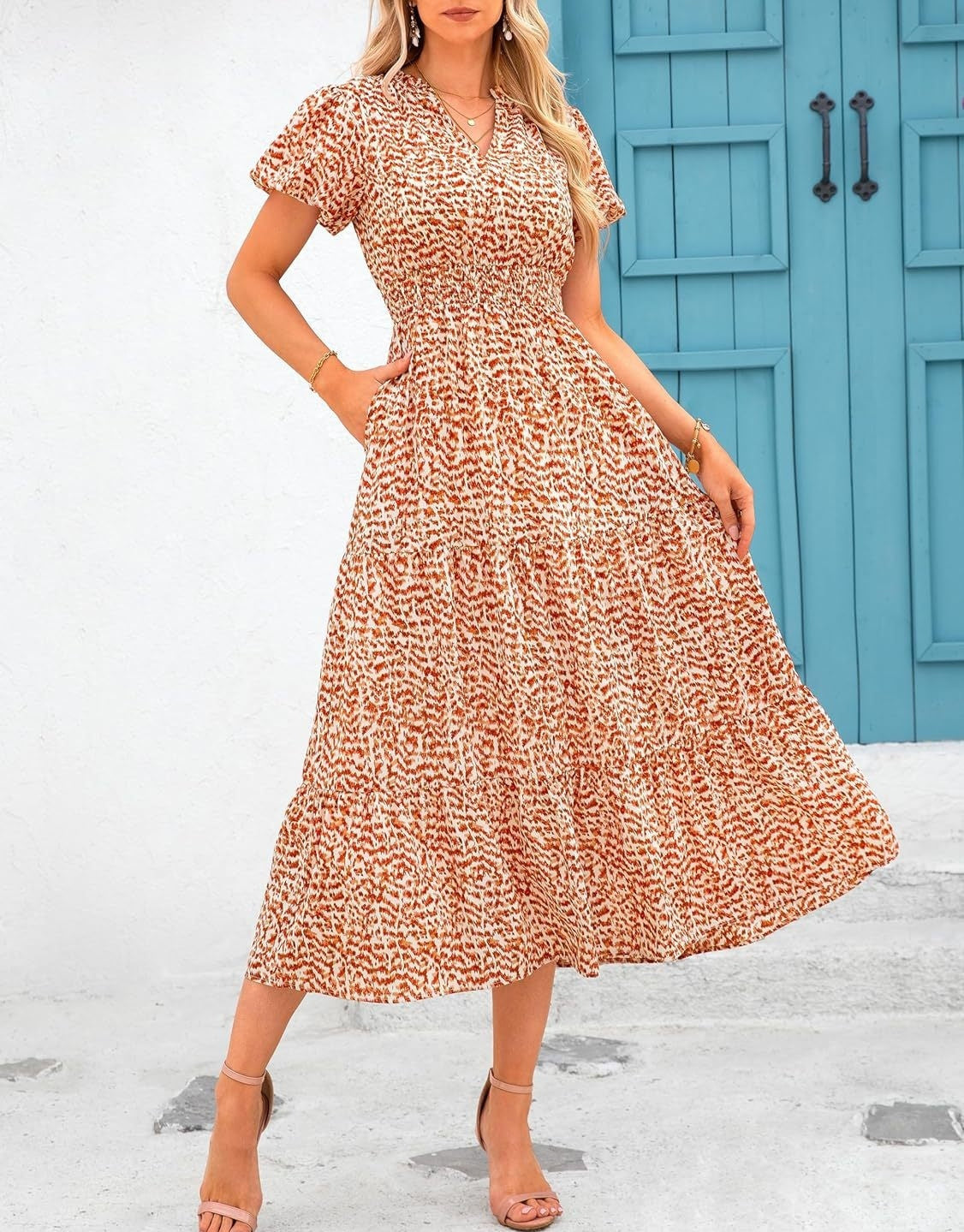 Casual V-hals All-overprint Maxi-jurk met Korte Mouwen voor Dames & Plus-size