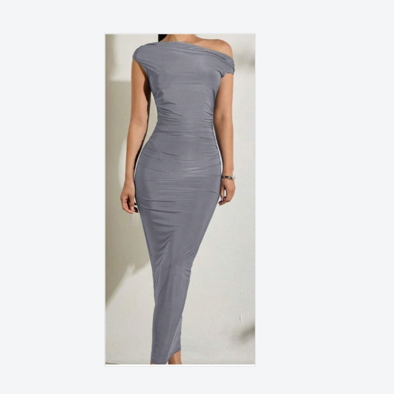 Elegante Feest/Avond Schuine Schouder/ Een Schouder/ Off-Shoulder Voorkant Geplooide Slanke Langejurk voor Dames & Plus-size