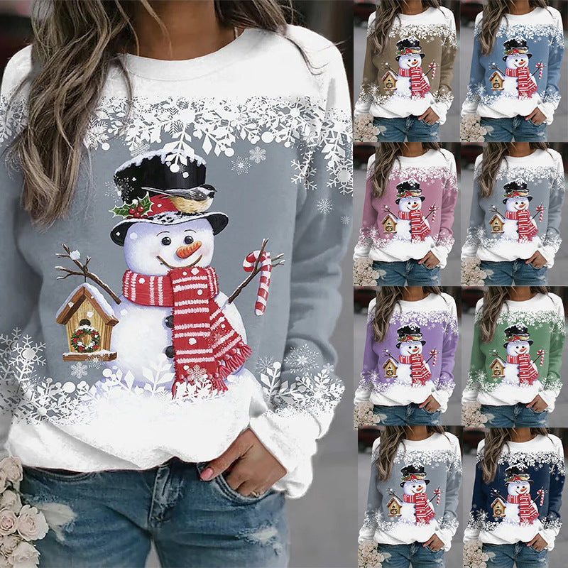 Kerstmis Casual Oversized Bedrukte Sneeuwpop-Print Sweatshirt met Ronde Hals