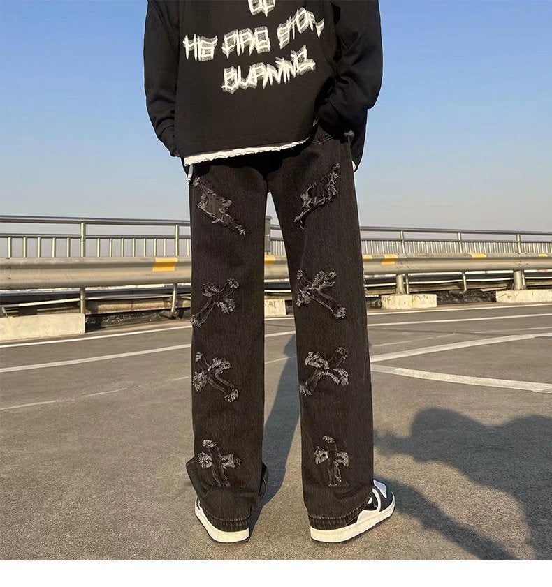 High Street Amerikaanse stijl Hip Hop Jeans met Patch en Wijde Pijpen voor Heren / Jongens & Heren Plus-size