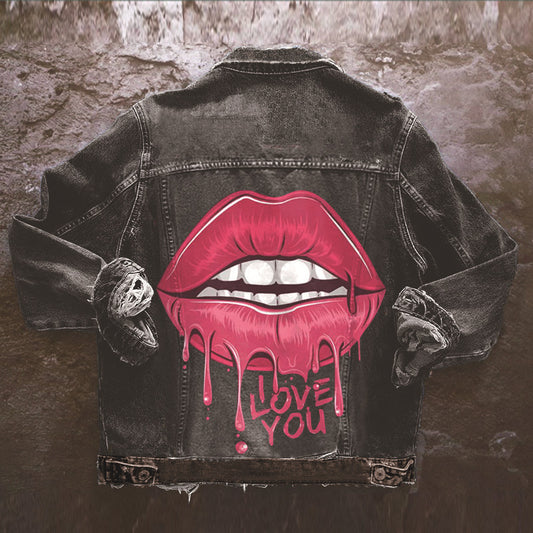 Amerikaanse Fashion Trendy Spijkerjacket met Big Lips Cartoon voor Unisex Jong & Oud