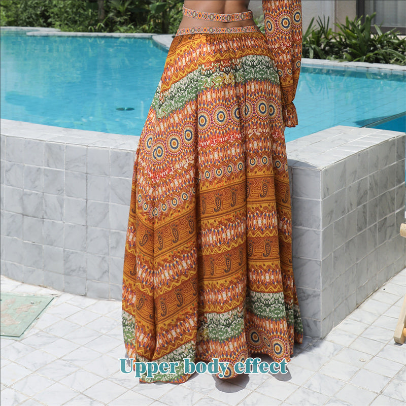 Elegante Vintage Bloemenprint Boho Maxi-jurk met V-hals en Lange Pofmouwen voor Dames & Plus-size