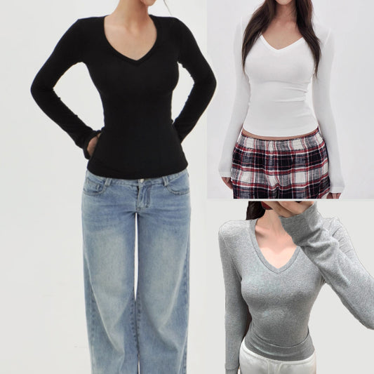 Europese Casual Effen Kleur Slim-Fit T-Shirt met V-hals en Lange Mouwen voor Dames & Meiden