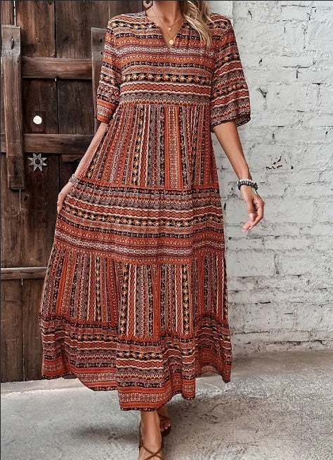 Casual/ Event Geomestrisch All-Over Print Maxi-jurk met V-hals en Korte Mouwen voor Dames & Plus-size