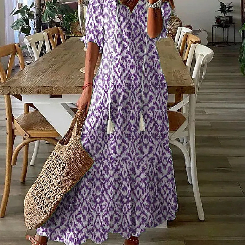 Stijlvolle Elegante Bedrukte Bloemenprint Maxi-jurk met Lange Mouwen en V-hals voor Dames & Plus-size