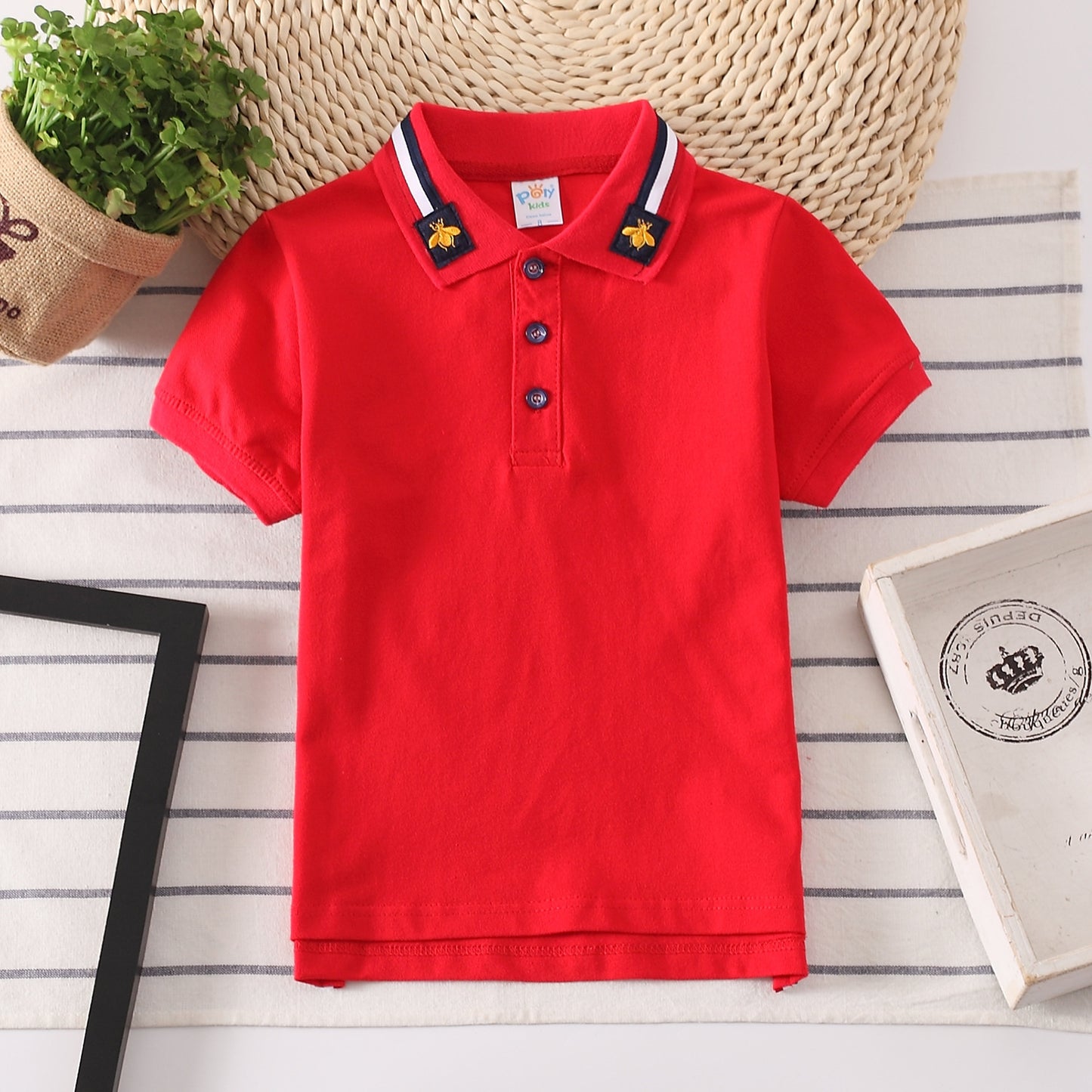 Europese Designer Ontwerp Modieuze Casual Effen Kleur Poloshirt met Geborduurde Kraag en Korte Mouwen voor Kids & Teenager