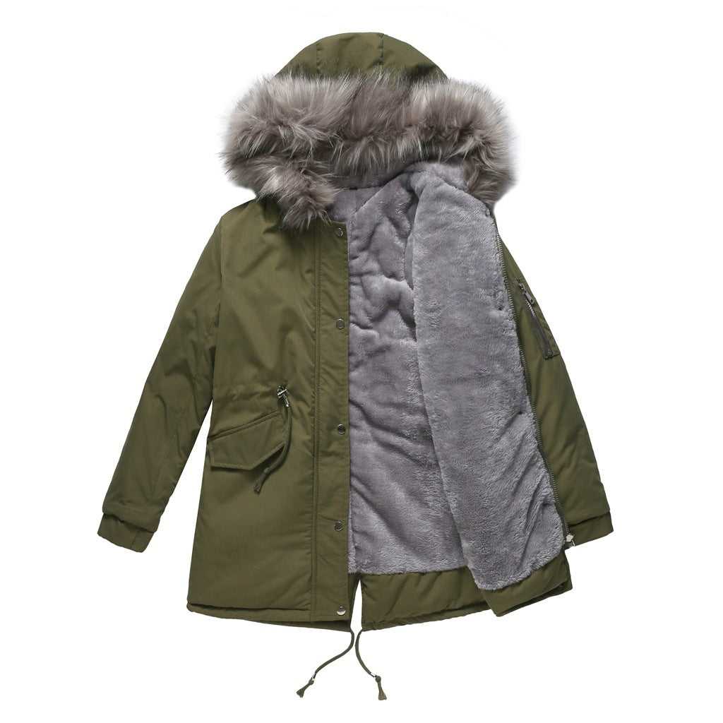 Casual Parka Katoenen Gewatteerde Middellange Winterjas met Bontkraag Capuchon en Ritssluiting voor Dames & Plus-size