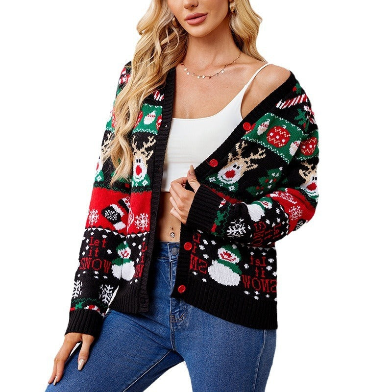 Kerstmis Casual Warme Winter Oversized Gebreide Truivest met All-Over Bedrukte Kerstprint en Knoopsluiting voor Dames & Plus-size