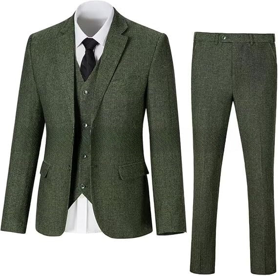 Stijlvolle Vintage Effen Kleur Slim Fit  3-delige Tweedpak met Visgraatmotief * Blazer & Pantalon met Knoopsluiting * voor Heren & Jongens