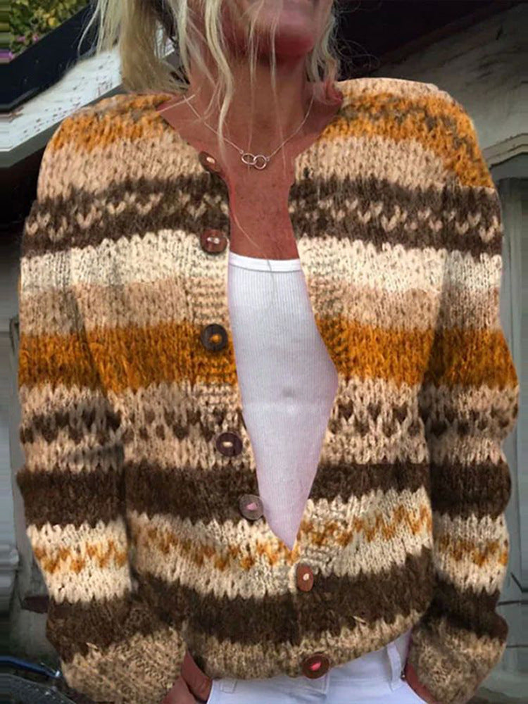 Elegante Casual 3D Digitaalprint Gebreide Trui-vest met Lange Mouwen en Knoopsluiting voor Dames & Plus-size