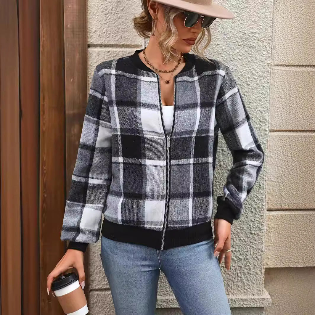 Europese en Amerikaanse Geruite Winter Jacket met Rits in Britse Stijl voor Dames