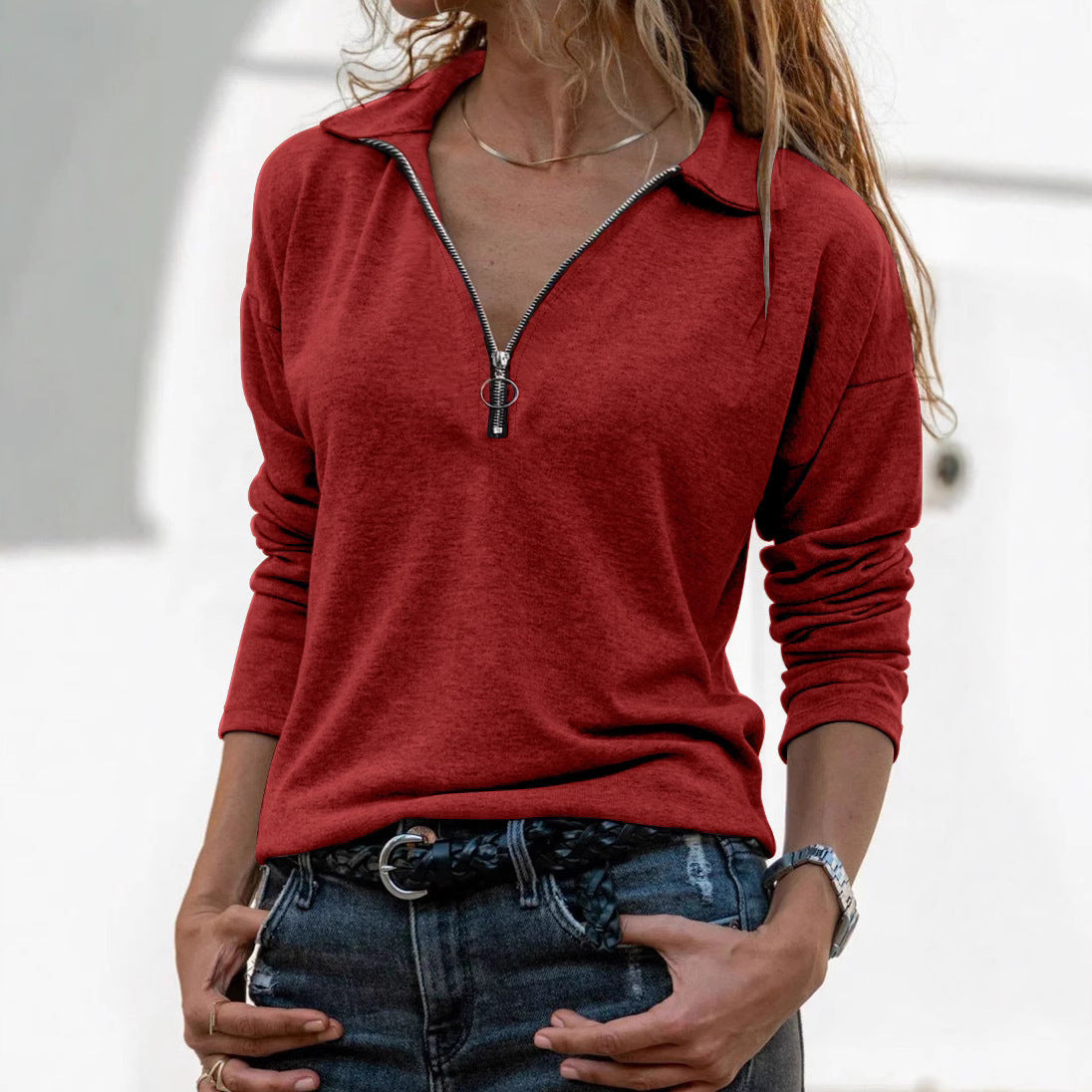 Casual Effen Kleur Stoffen Top met Halve Rits Revers en Lange Mouwen voor Dames & Plus-size