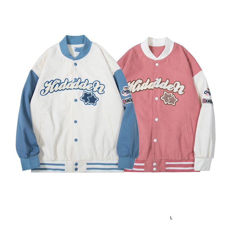 Amerikaanse Retro Losse Baseball Jacket met Geborduurde Patchwork voor Dames & Plus-size