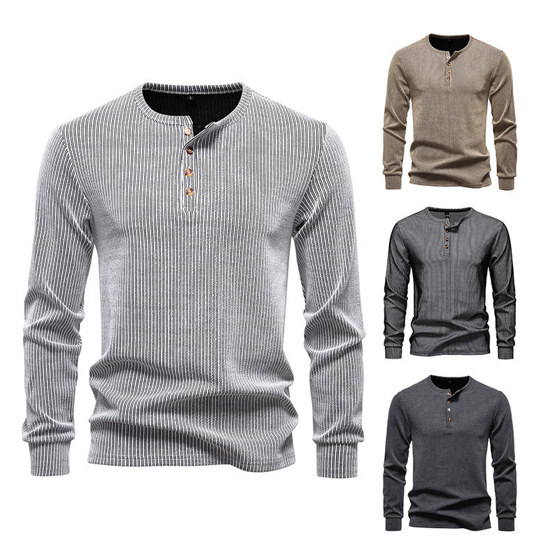 Modieuze Casual Gestreepte Henley Slim Fit Ronde Hals T-shirt met Halve Knoopsluiting en Lange Mouwen voor Heren & Jongens