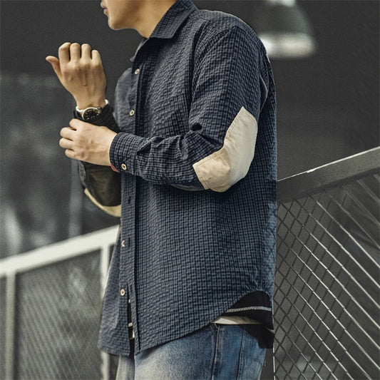 Workwear American Vintage Geruite Overhemd met Geborduurde Lapels Stiksels voor Heren