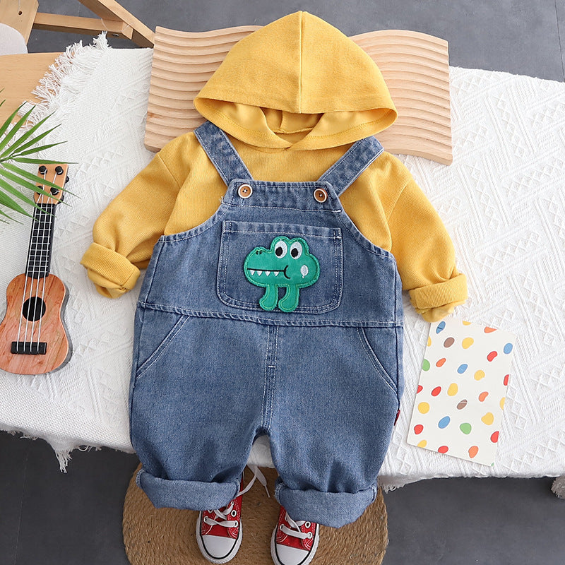 Casual 2-delige Set Hoodie met Geborduurde Cartoon & Spijker-overall met Geborduurde Cartoon voor Baby's/ Peuters