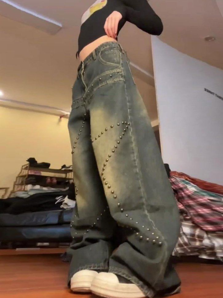 American Retro Washed Rivet Jeans voor Dames/ Plus-size & Meisjes