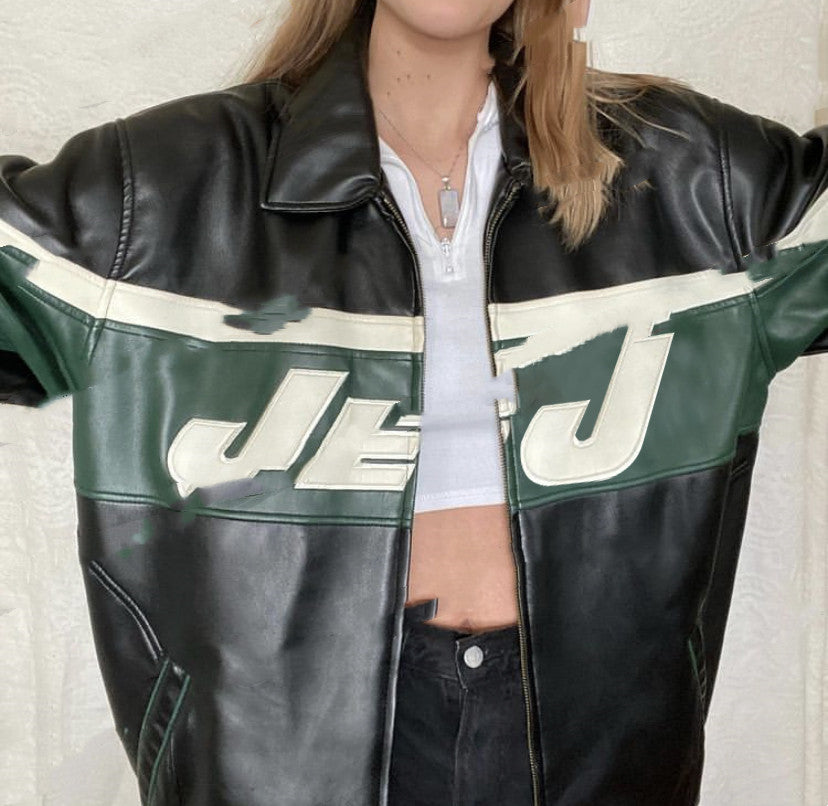 Amerikaanse Retro zwarte Jas van PU-Leer met Patchwork en Letters voor Dames