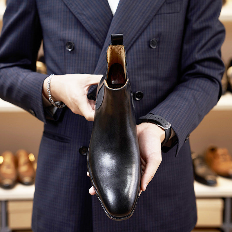 Amerikaanse Stijl Elegante Casual Effen Kleur Slip On Chelsea Boots van Echt Leer met Ronde Neus en Treklus aan de Achterkant voor Heren & Jongens