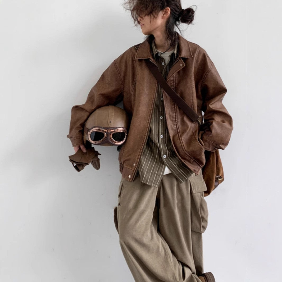 American Retro Casual All-match Jacket van PU-Leer met Ritssluitng voor Dames & Plus-size