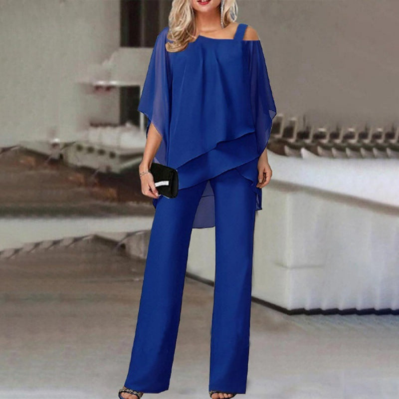 Elegante Stijlvolle Effen Kleur 2-delige Outfit * Oversized Off-Shoulder Top met Vleermuismouwen & Rechte Wijde Pijpen Broek voor Dames/Plus-size & Meiden