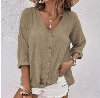 Casual Oversized Effen Kleur V-hals Blouse met Lange Mouwen en Knoopsluiting voor Dames & Plus-size