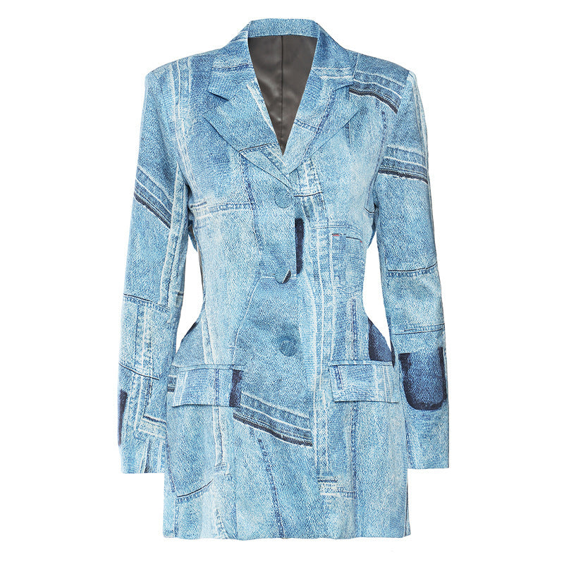 Trendy Satijnen Blazer-jas met Demin Graffitiprint voor Dames