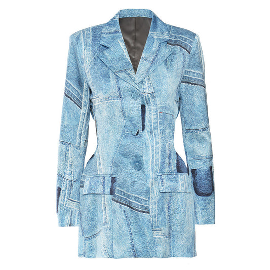 Trendy Satijnen Blazer-jas met Demin Graffitiprint voor Dames