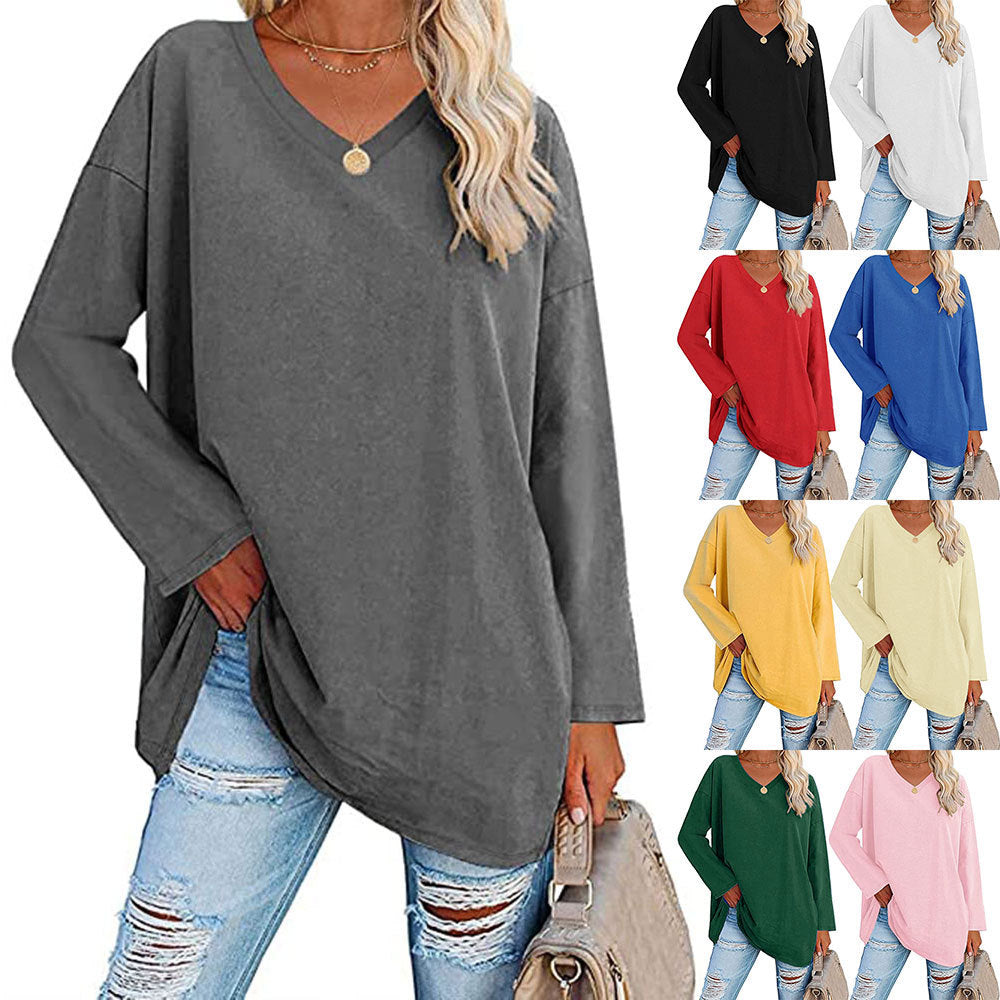 Casual V-hals Effen kleur Oversized Lange Mouw Shirt voor Dames & Plus-size