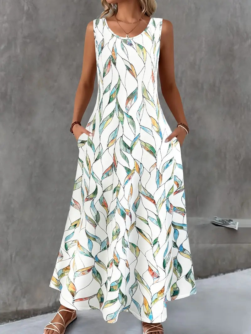 Casual Elegante Mouwloze Bloemenprint A-lijn Maxi-jurk met Ronde Hals voor Dames & Plus-size