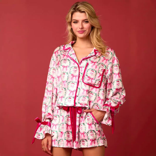 Kerstmis Stijlvolle Schattige All-Over Bedrukte Kerstmanprint Huis/ Pyjama-outfit met Reverskraag voor Dames & Plus-size