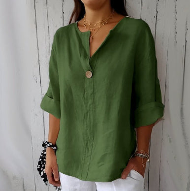 Unieke Designer Linnen V-hals Oversized Blouse T-shirt met Lange Mouwen en Knoopsluiting voor  Dames & Plus-size