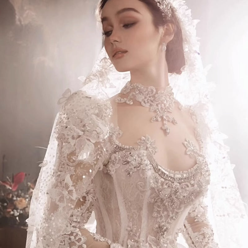 Europese Prinsessen Stijl Elegante Heavy Industry Royal Hoge Hals Pailletten Trouwjurk met Lange Sleep en Prinsessen Mouwen voor Dames  & Plus-size