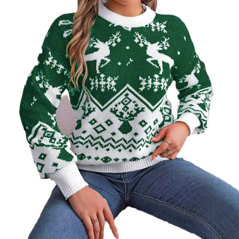 Kerstmis Unieke Casual Winter Warme Gebreide Kerst-Trui met Gebreide Hertenpatroon en Ronde Hals voor Dames & Plus-size